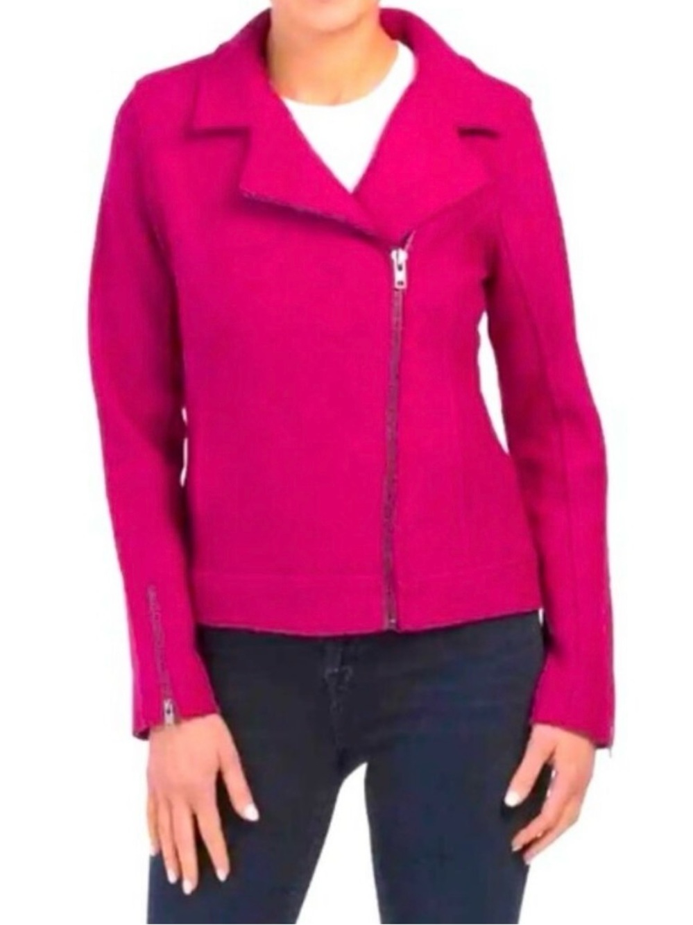 Tahari Magenta Boiled Wool Blend Moto Jacket Pink Size Small Asymmetrical Zip